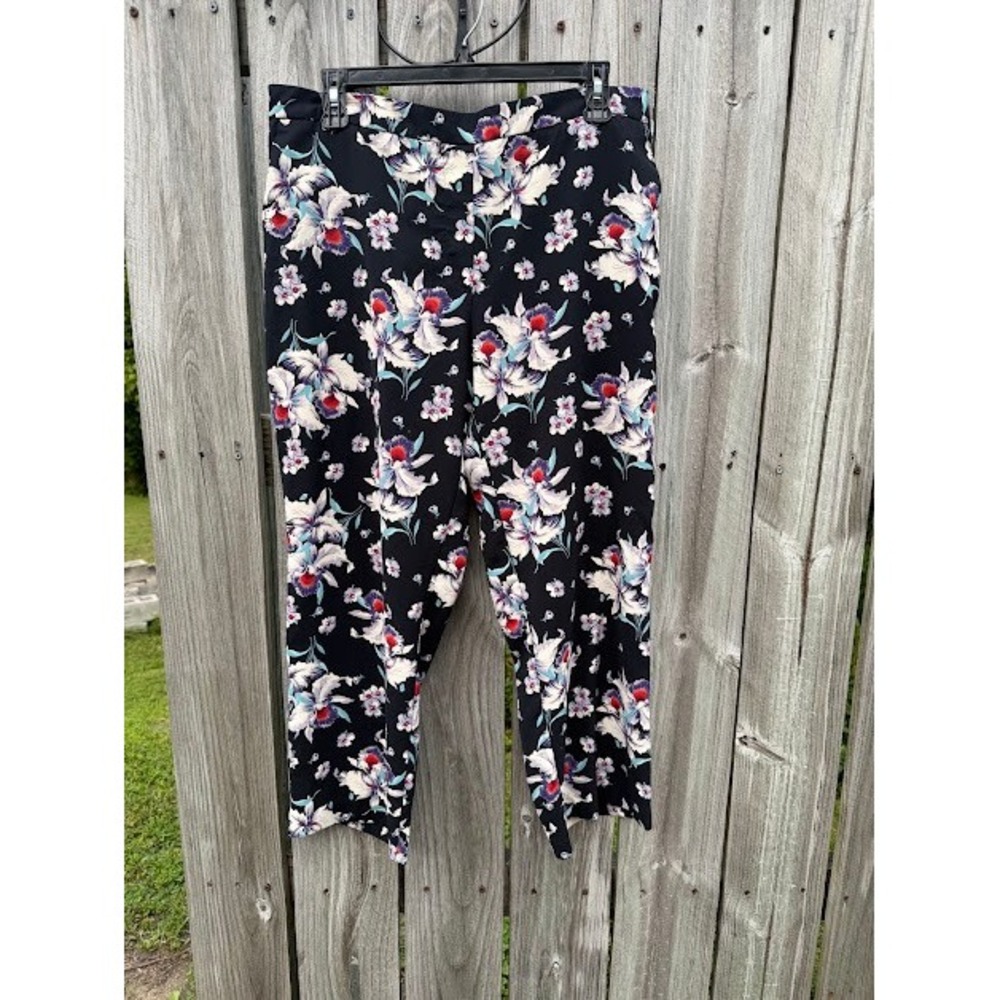 Floral Cynthia Rowley Trousers Womens 12 Black Orchid Print Straight Leg Pants